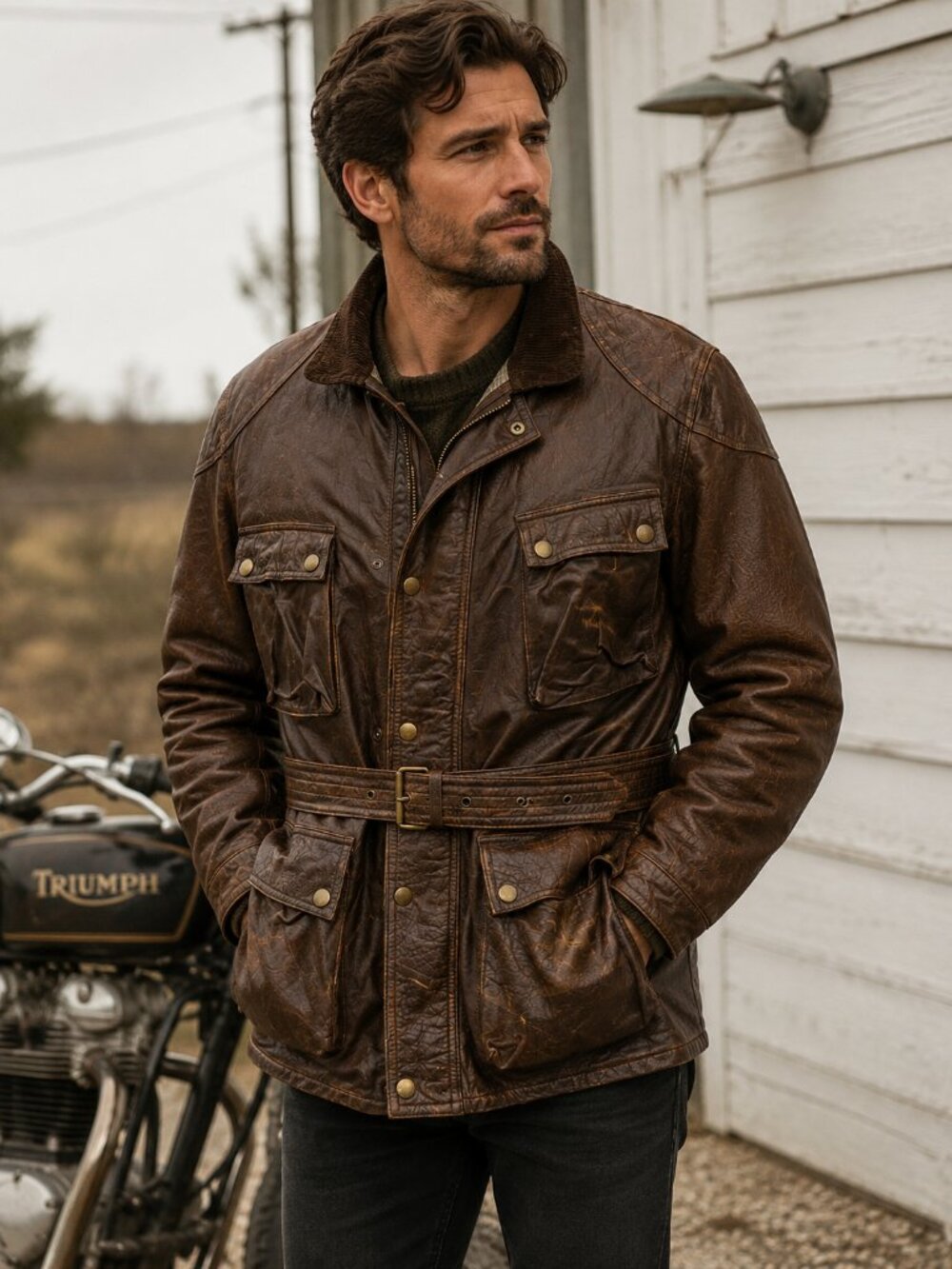 Schott Vintage Leather Belted Field Jacket XL Brown Moto Bike Coat